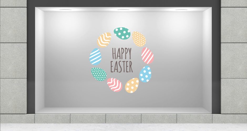 Αυτοκόλλητα για το Πάσχα - Πασχαλινή Βιτρίνα - "Happy Easter" με πασχαλινά αυγά σε σχήμα κύκλο
