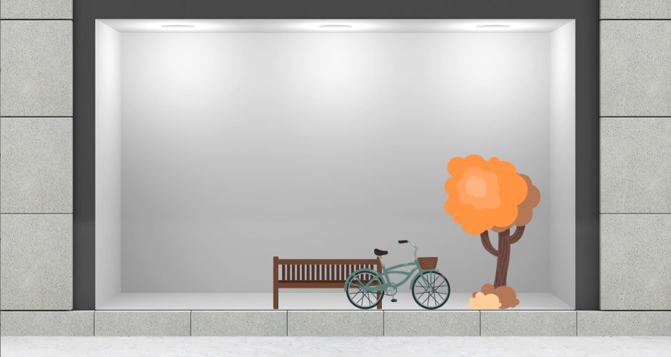 Αυτοκόλλητα Καταστημάτων - Φθινοπωρινή σύνθεση με δέντρο, ποδήλατο και παγκάκι