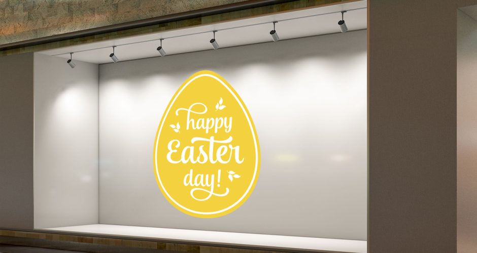 Αυτοκόλλητα για το Πάσχα - Πασχαλινή Βιτρίνα - "Happy Easter Day" μέσα σε κίτρινο πασχαλινό αυγό