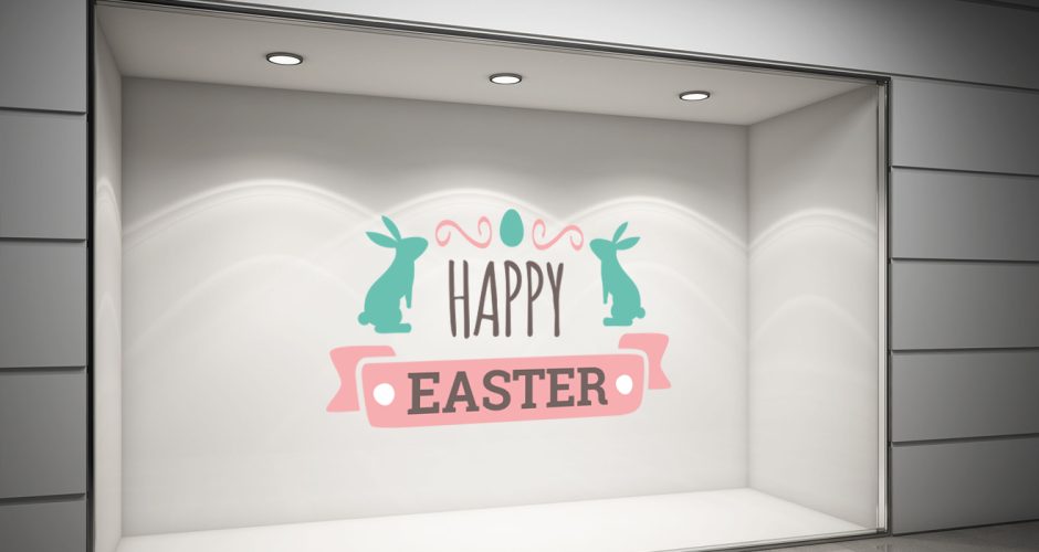 Αυτοκόλλητα για το Πάσχα - Πασχαλινή Βιτρίνα - "Happy Easter" με λαγούς και κορδέλα