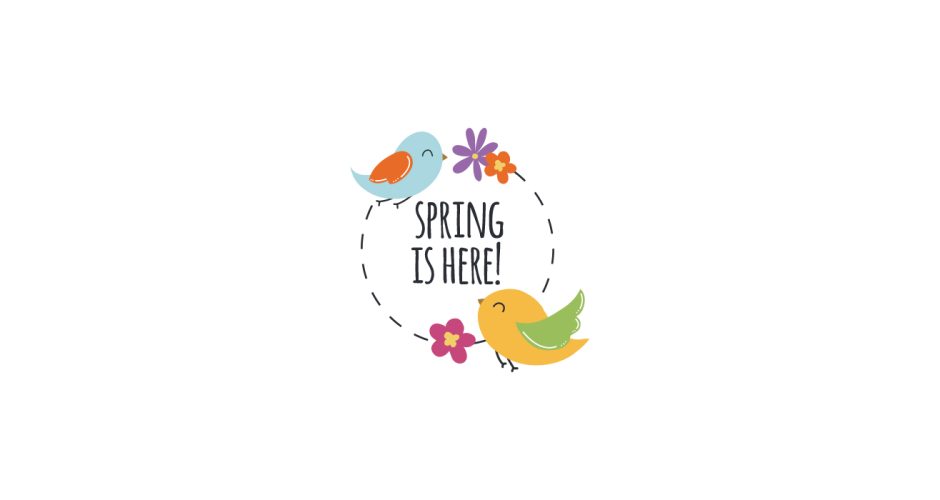 Ανοιξιάτικη Βιτρίνα - Spring Collection - "Spring is here" σε κύκλο με λουλούδια και πουλάκια