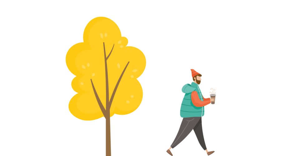 Αυτοκόλλητα Καταστημάτων - Φθινοπωρινή σύνθεση με δέντρο και άνθρωπο με καφέ