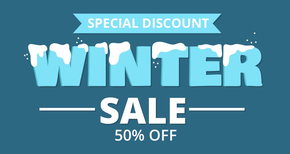 Αυτοκόλλητα Εκπτώσεων & Προσφορών - Winter sale με χιονισμένα γράμματα και ποσοστό έκπτωσης