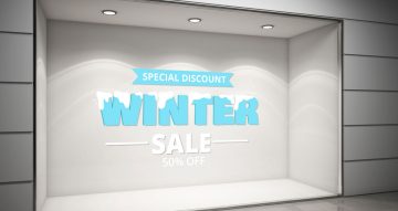 Αυτοκόλλητα Εκπτώσεων & Προσφορών - Winter sale με χιονισμένα γράμματα και ποσοστό έκπτωσης