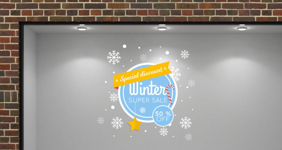 Αυτοκόλλητα Εκπτώσεων & Προσφορών - Winter super sale με αστεράκι και ποσοστό έκπτωσης