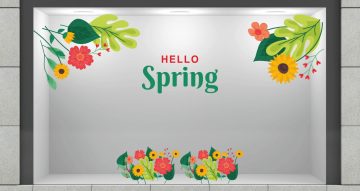 Ανοιξιάτικη Βιτρίνα - Spring Collection - Ανοιξιάτικη διακόσμηση βιτρίνας HELLO Spring με λουλούδια και φύλλα