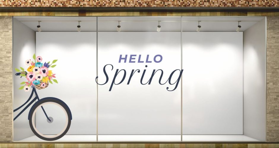 Ανοιξιάτικη Βιτρίνα - Spring Collection - Ανοιξιάτικη διακόσμηση βιτρίνας HELLO Spring με ποδήλατο για την γωνία της βιτρίνας
